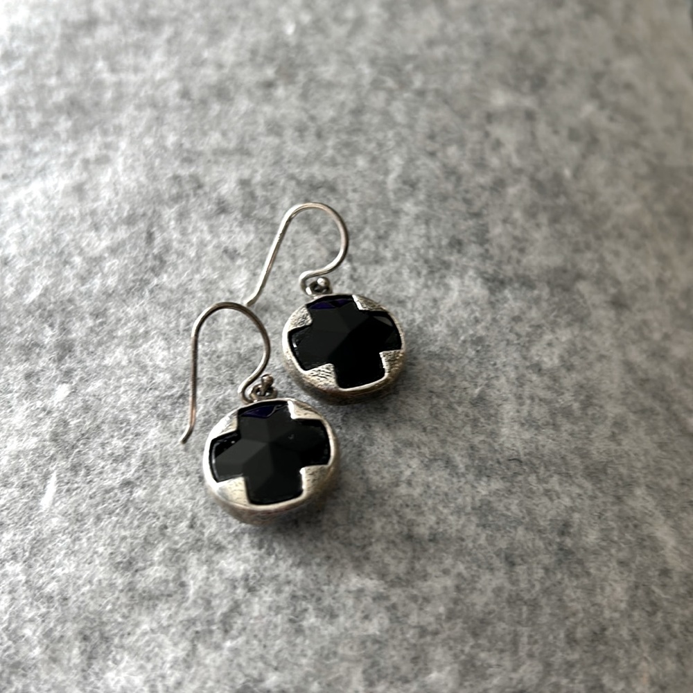 Hook dangle black stone accent sterling earrings
